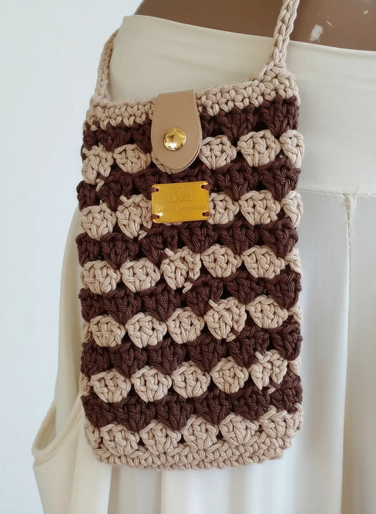 Sac bandoulière Castagno crème chocolat pop-corn fermeture dorée logo – crochet fait main – détail logo cuir – Cachalabibi