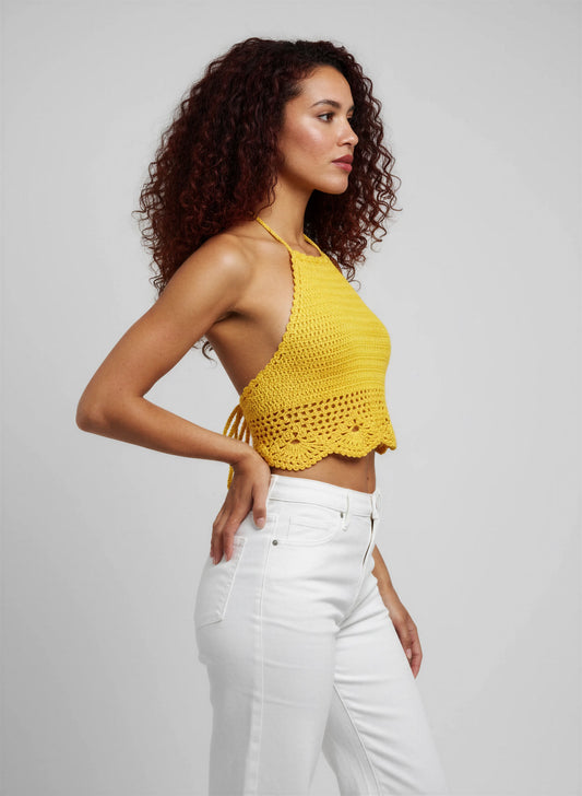 Top dos nu crochet fait main Kaliento jaune soleil côte serrée filet grandes mailles halter festonné – Cachalabibi