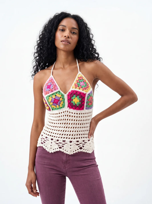 Top dos nu femme Cesaria carrés granny, vue de face, buste fleuri multicolore — Cachalabibi