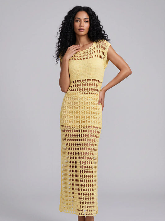 Tunique crochet fait main Sahara jaune citron mailles ajourées – vue de face et debout - Cachalabibi
