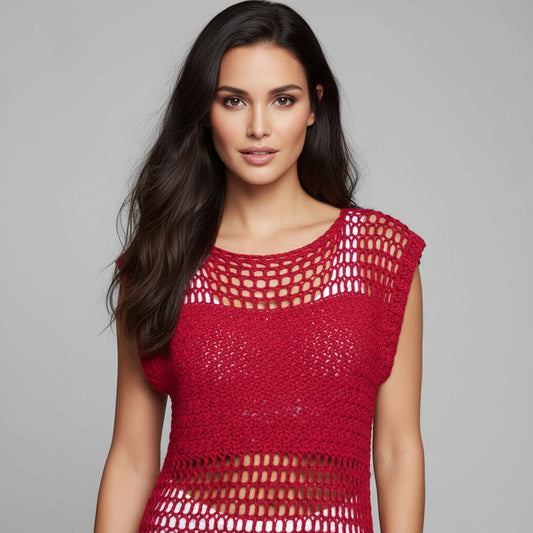 Tunique crochet fait main Eden rouge framboise détail mailles ajourées encolure – Cachalabibi