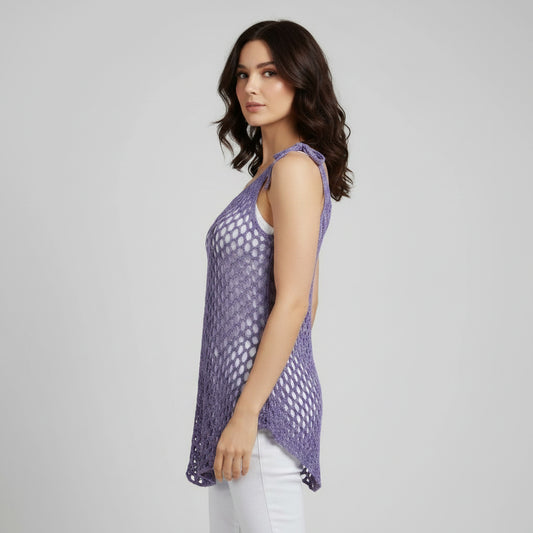 Tunique crochet fait main Figueira mauve mailles filet bretelles nouées profil droit – Cachalabibi