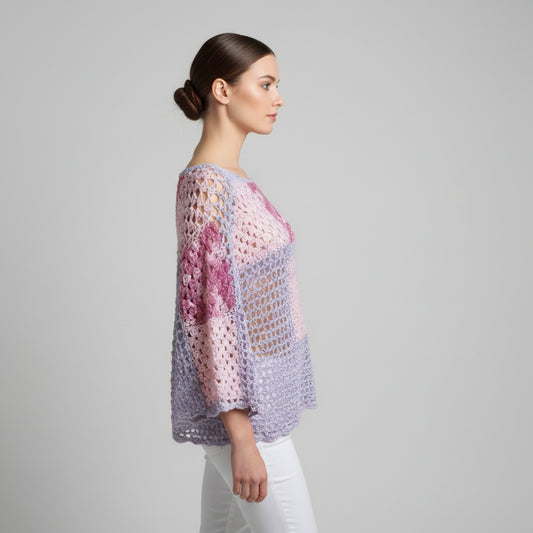 Tunique poncho crochet fait main Lupina granny squares lavande rose profil droit – Cachalabibi
