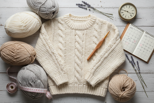 Pull crochet fait main écru torsadé entouré de pelotes de laine, crochet en bois et calendrier – temps de création artisanale Cachalabibi