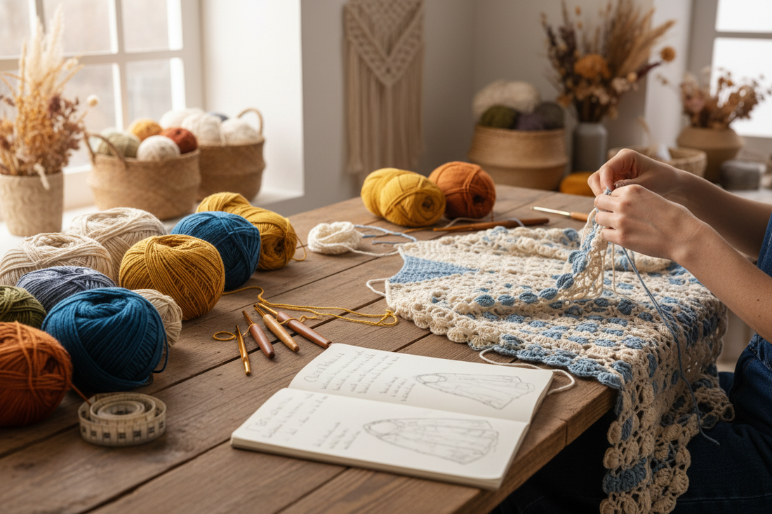 Artisane créant au crochet fait main dans son atelier avec pelotes colorées, crochets en bois et croquis de patron – coulisses Cachalabib