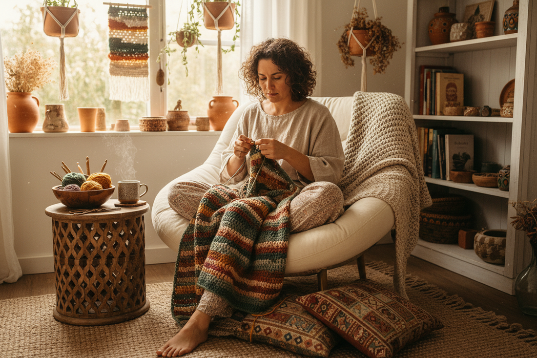 Femme pratiquant le crochet fait main dans un intérieur chaleureux et bohème – passion artisanale Cachalabibi