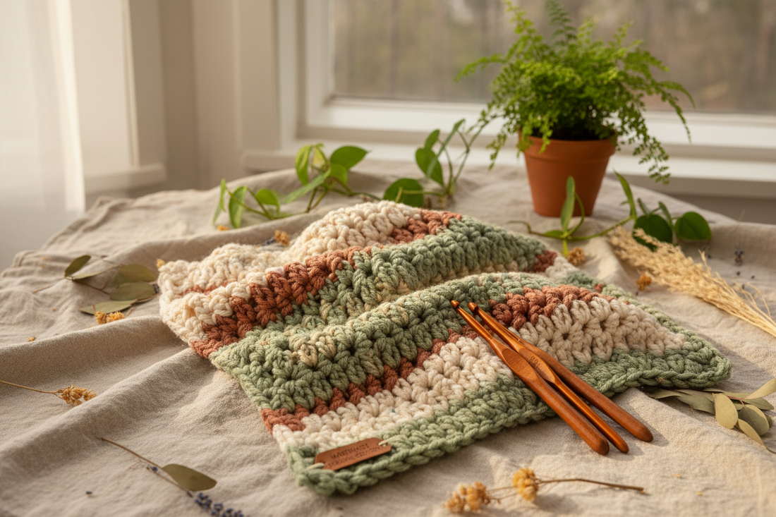 Pièces crochet fait main vert sauge et terracotta avec crochets en bois sur lin naturel – mode artisanale éco-responsable Cachalabibi