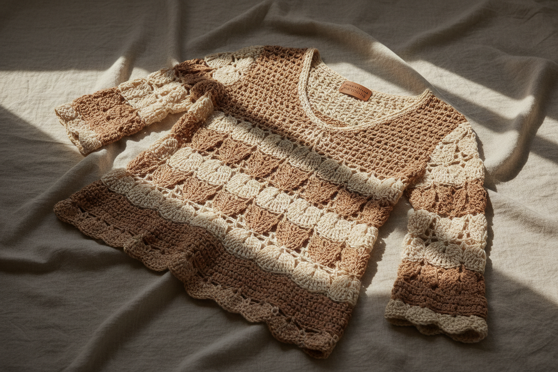 Pull femme crochet fait main beige et camel à motifs festonnés posé à plat – vêtement artisanal unique Cachalabibi