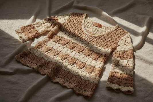 Pull femme crochet fait main beige et camel à motifs festonnés posé à plat – vêtement artisanal unique Cachalabibi