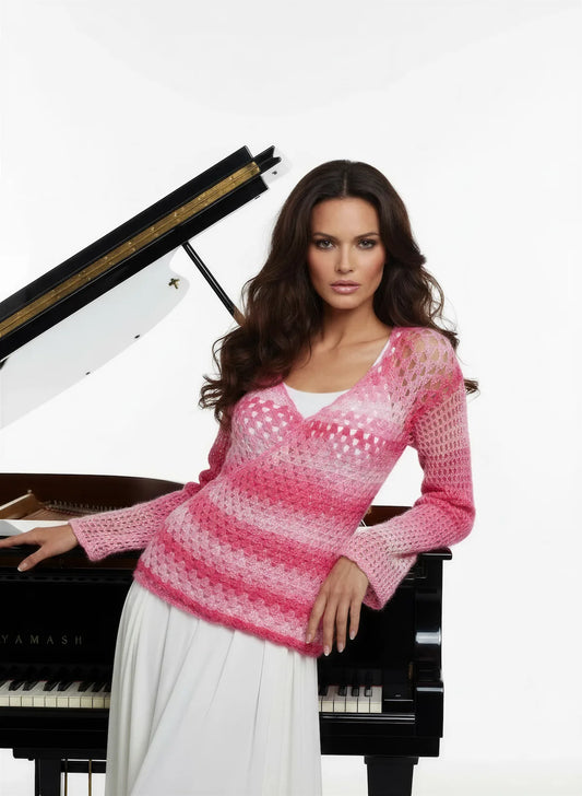 Cache-cœur femme Cachou rose fuchsia dégradé ajouré – crochet fait main – ambiance piano éditorial – Cachalabibi