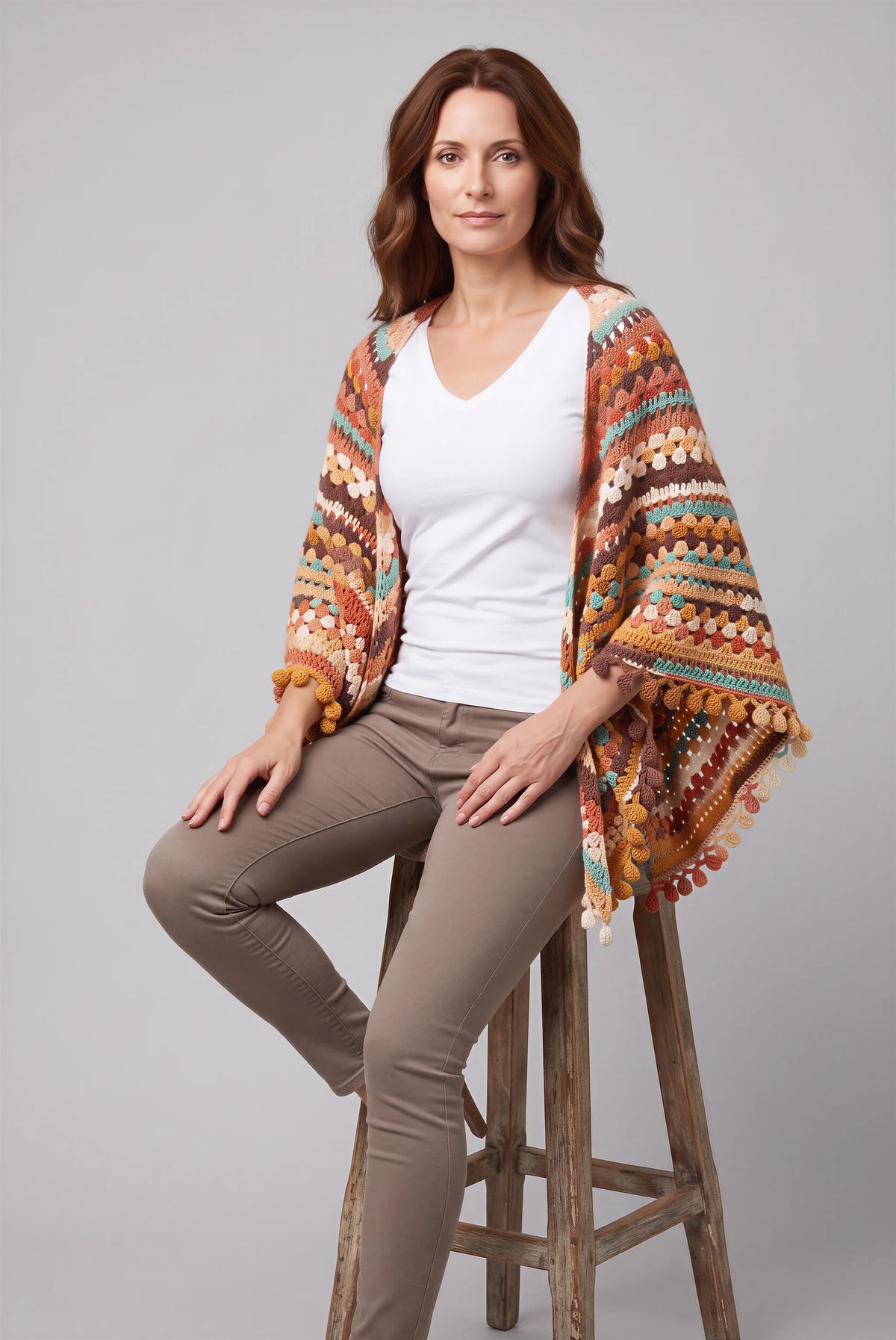 Châle Autunnale crochet terracotta — vue profil assise sur tabouret — Cachalabibi