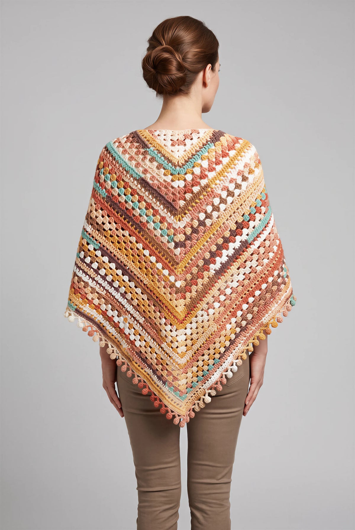 Châle Autunnale crochet — vue dos chevron diagonal terracotta pompons — Cachalabibi