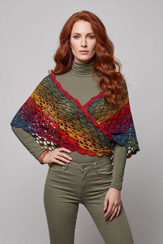 Châle femme Colorato crochet filet dégradé arc-en-ciel croisé sur épaules — vue face — Cachalabibi