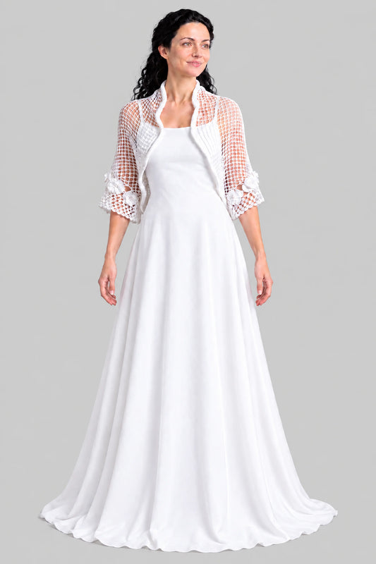 Châle Matrimonia – vue de face et debout – crochet ivoire rose 3D poignet bordure dentelle – Cachalabibi