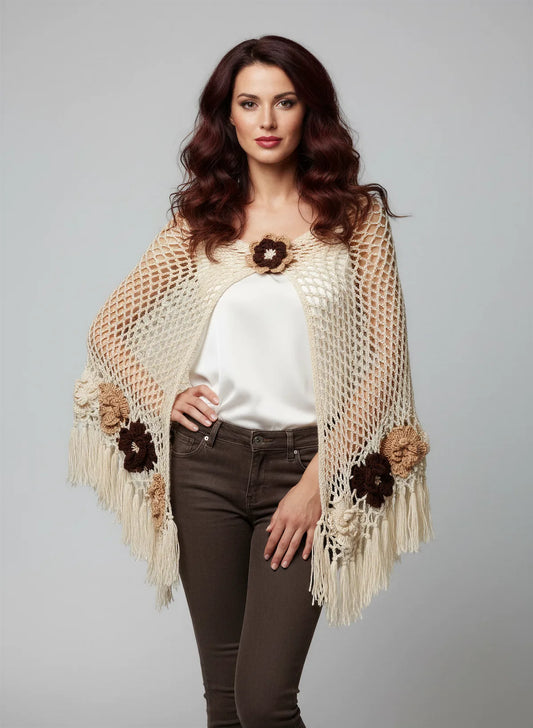 Châle Moderato – vue de face – crochet écru fleurs 3D beige chocolat franges – Cachalabibi