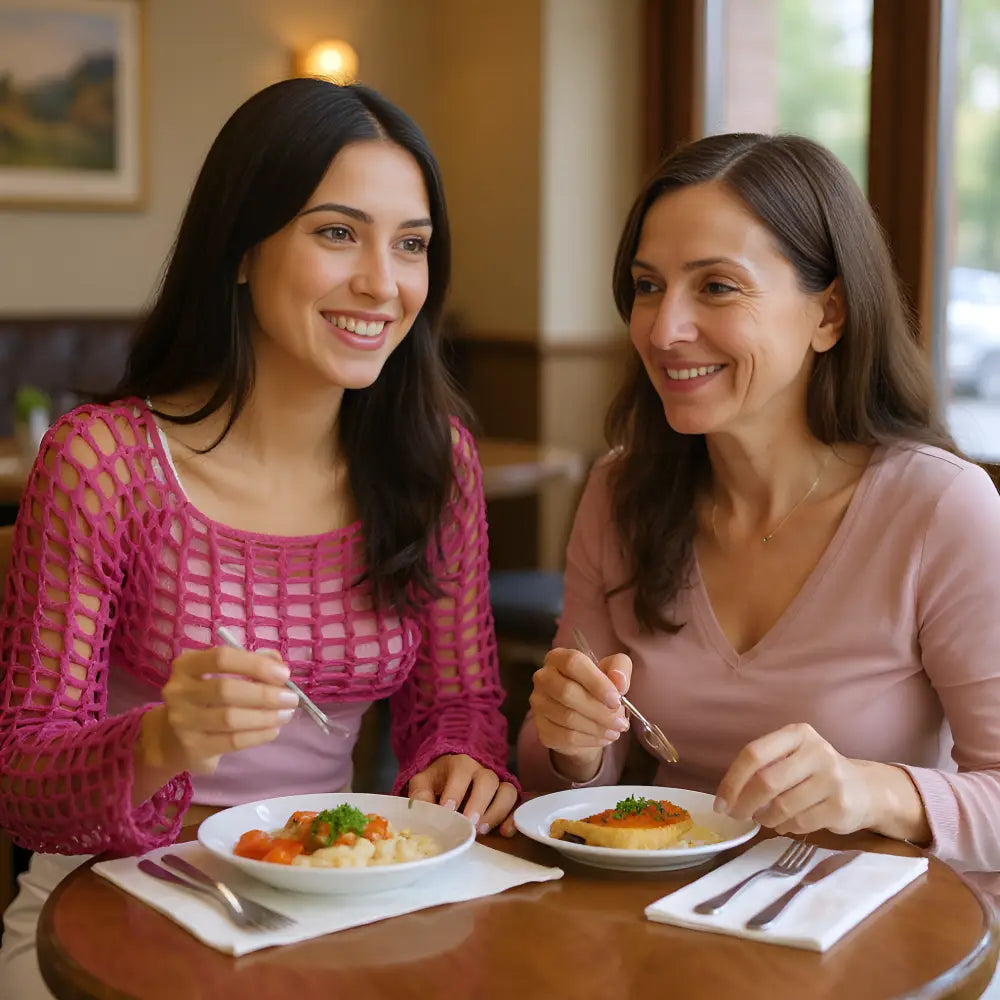 Crop top au crochet fait main Fuschiamo de Cachalabibi - fuchsia - vue de face au restaurant avec une amie