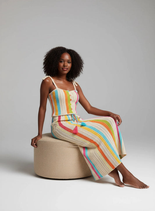 Ensemble crochet fait main Rainbow écru rayures verticales multicolores crop top boutons jupe maxi glands – Cachalabibi