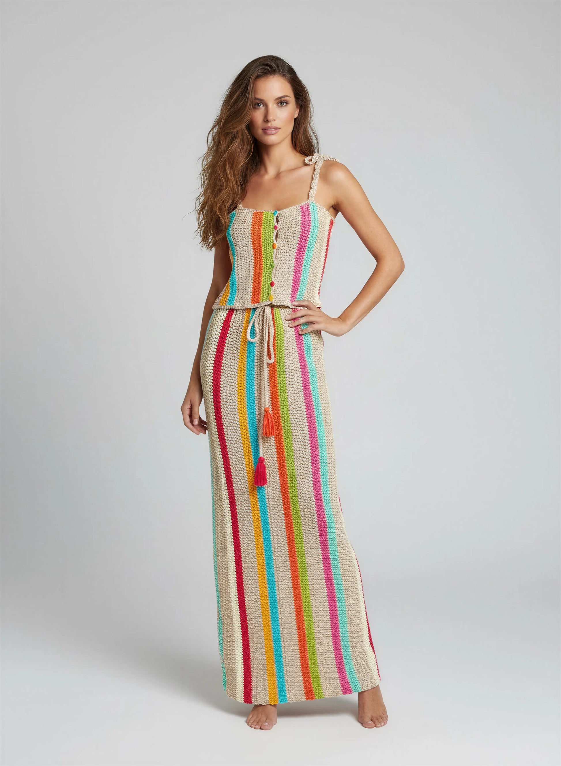 Ensemble crochet fait main Rainbow écru rayures verticales multicolores bretelles nouées jupe maxi festonnée – Cachalabibi
