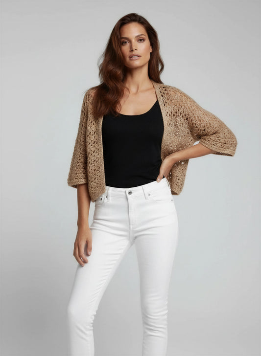 Gilet crochet fait main Albatros beige camel raphia filet losanges étoiles manches kimono boutons dorés – Cachalabibi