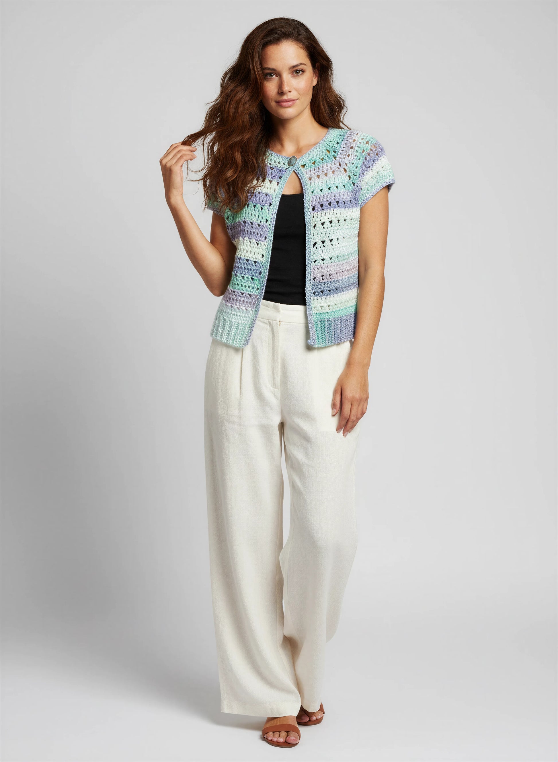 Gilet crochet fait main Adaman dégradé menthe lavande bleu pervenche rayures points alternés crop – Cachalabibi
