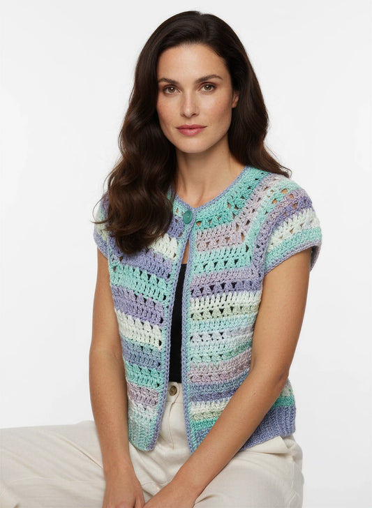 Gilet crochet fait main Adaman dégradé menthe lavande bleu yoke éventails ajourés bouton turquoise détail – Cachalabibi