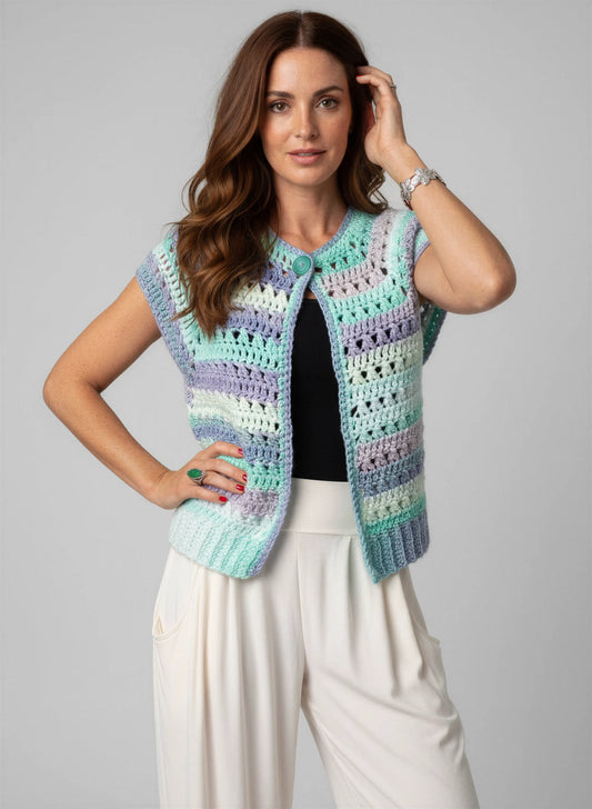 Gilet crochet fait main Adaman dégradé aquatique menthe lavande bleu yoke éventails bouton turquoise – Cachalabibi 