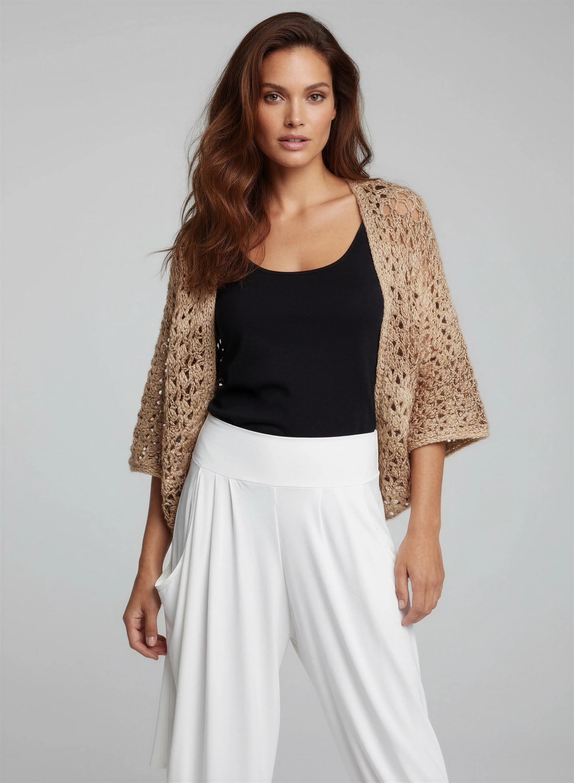 Gilet crochet fait main Albatros beige camel filet grandes mailles kimono ouverture devant crop élégant – Cachalabibi