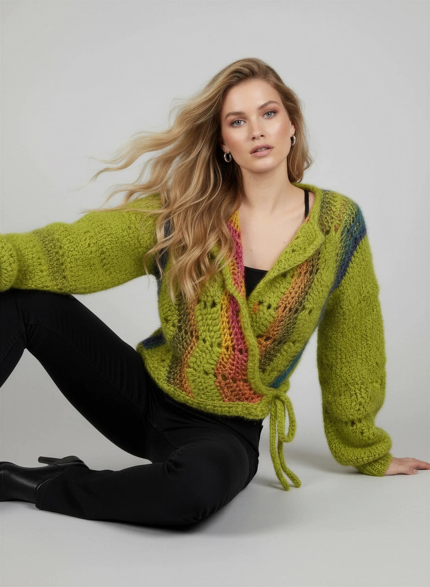Gilet crochet fait main Avocado vert chartreuse mohair panneaux diagonaux multicolores manches bouffantes crop – Cachalabibi