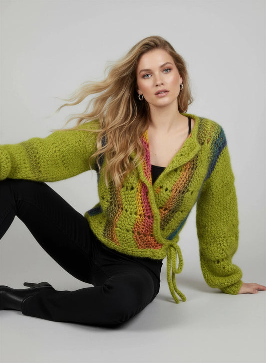 Gilet crochet fait main Avocado vert chartreuse mohair panneaux diagonaux multicolores manches bouffantes crop – Cachalabibi