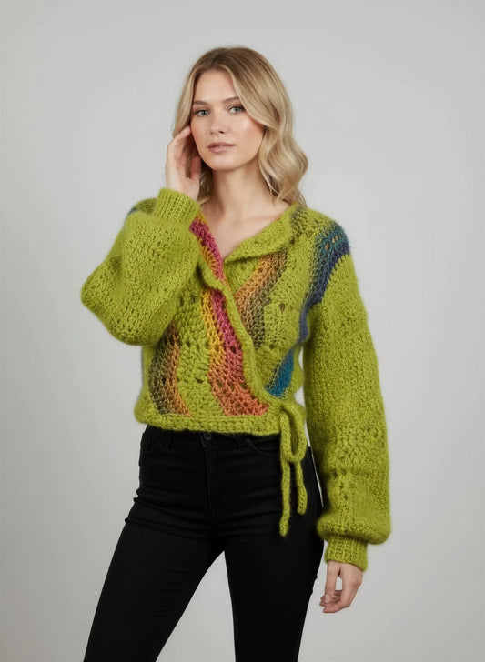 Gilet crochet fait main Avocado vert chartreuse mohair panneaux fuchsia orange jaune turquoise col châle – Cachalabibi