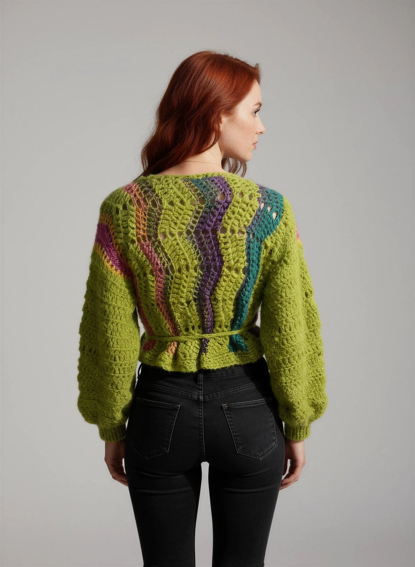 Gilet crochet fait main Avocado vert chartreuse dos panneaux diagonaux violet turquoise lien ceinture tressé – Cachalabibi