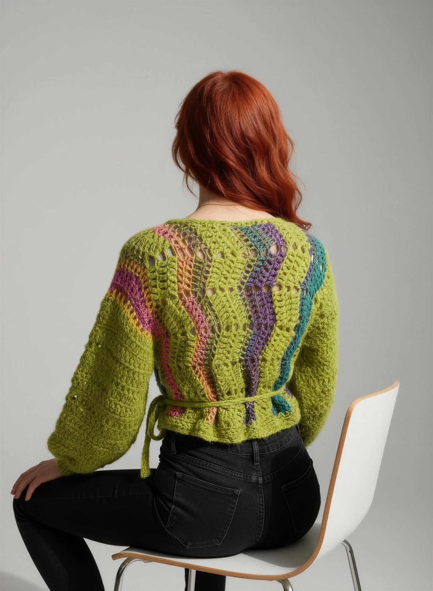Gilet crochet fait main Avocado vert chartreuse mohair dos lien ceinture tressé panneaux multicolores crop – Cachalabibi