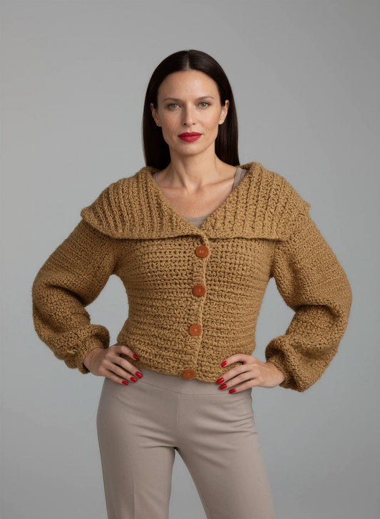 Gilet crochet fait main Corrazino camel doré col châle ouvert cintré boutons bois 3 looks en 1 – Cachalabibi