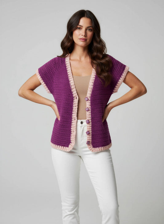 Gilet crochet fait main Melanzana violet aubergine point texturé bordure picots écru boutons carrés résine – Cachalabibi