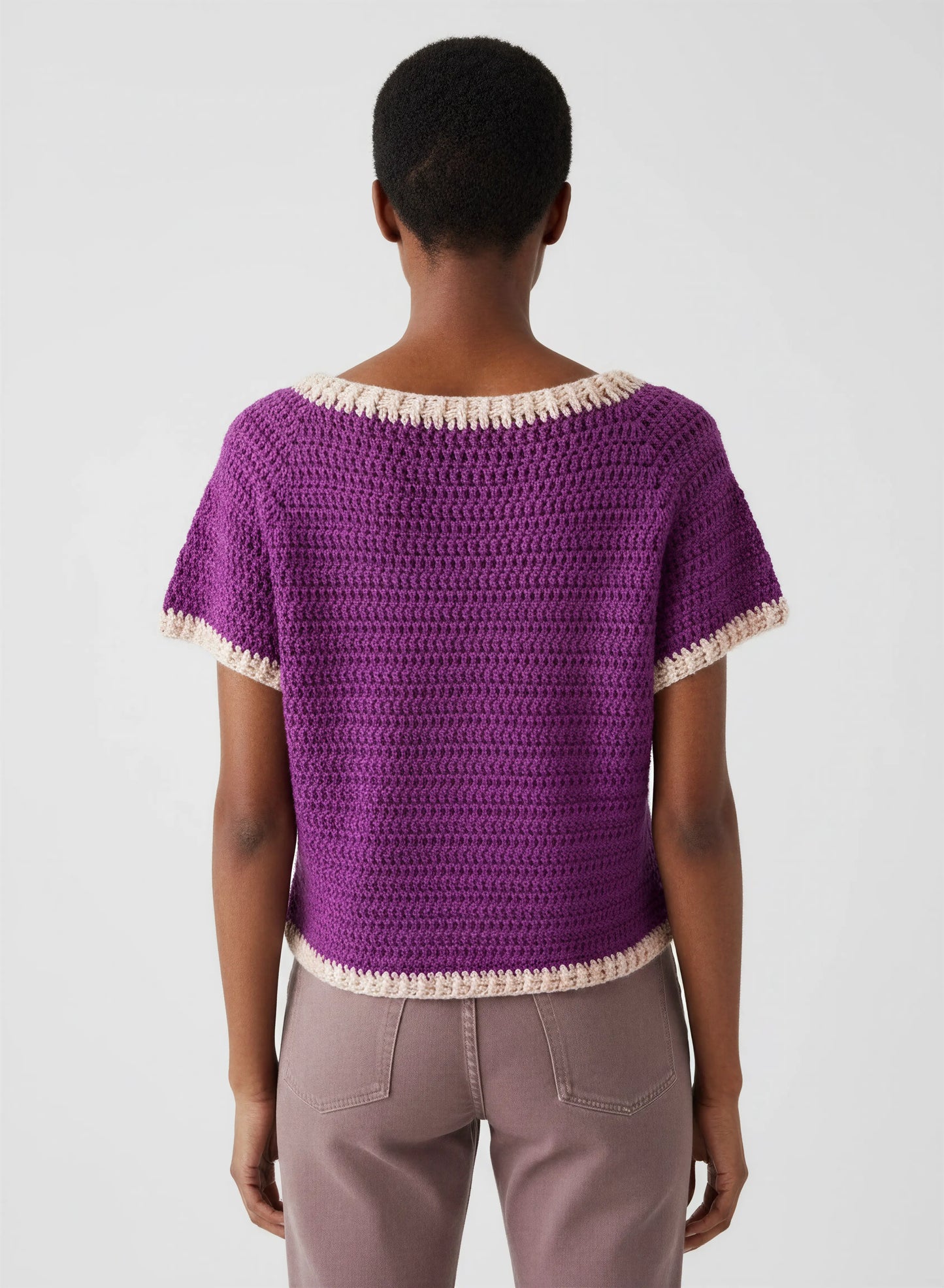 Gilet crochet fait main Melanzana violet aubergine dos bordure picots écru texture point serré crop carré – Cachalabibi
