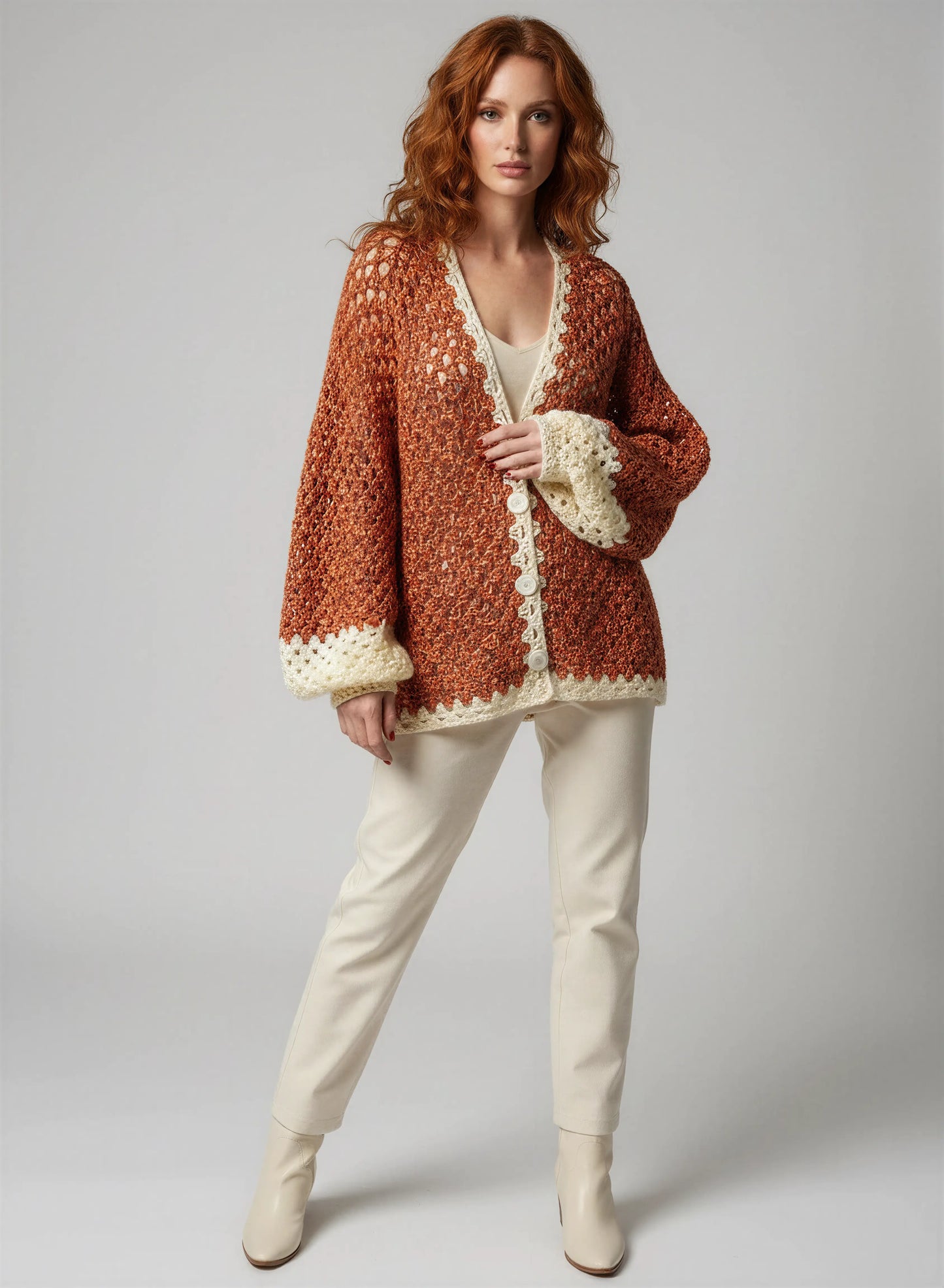 Gilet crochet fait main Peppino roux marron lurex bordure festonnée éventails écru manchettes boutons nacre – Cachalabibi