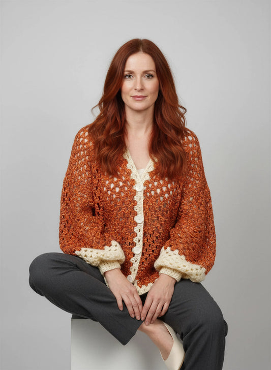 Gilet crochet fait main Peppino roux marron lurex bouclé bande centrale écru boutons nacre manches raglan – Cachalabibi