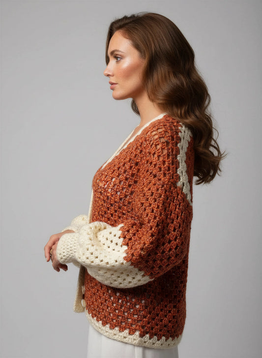 Gilet crochet fait main Peppino roux marron lurex profil manchettes larges festonnées éventails écru raglan – Cachalabibi