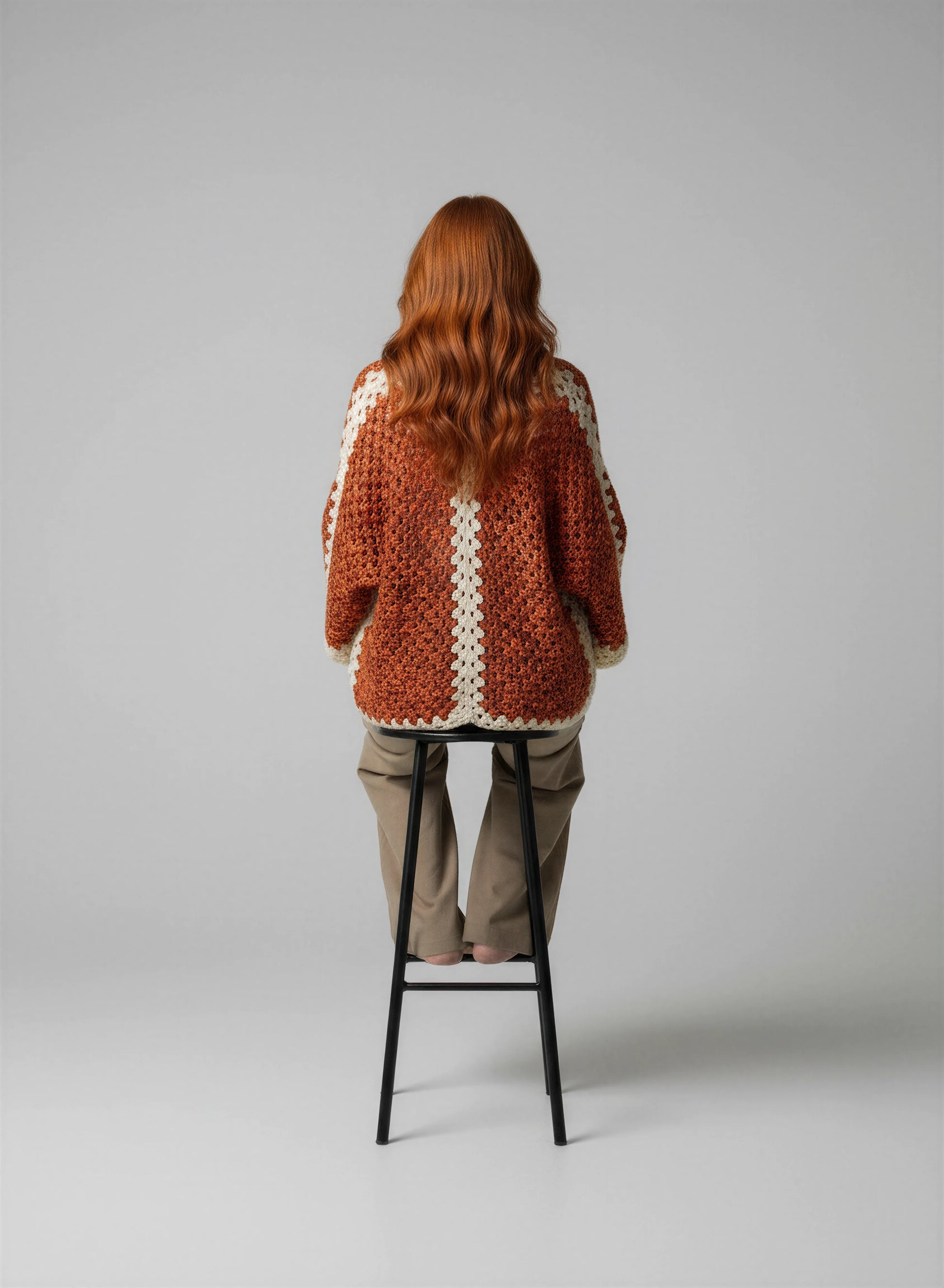 Gilet crochet fait main Peppino roux marron lurex dos bande centrale écru festonnée texture bouclée cuivré – Cachalabibi