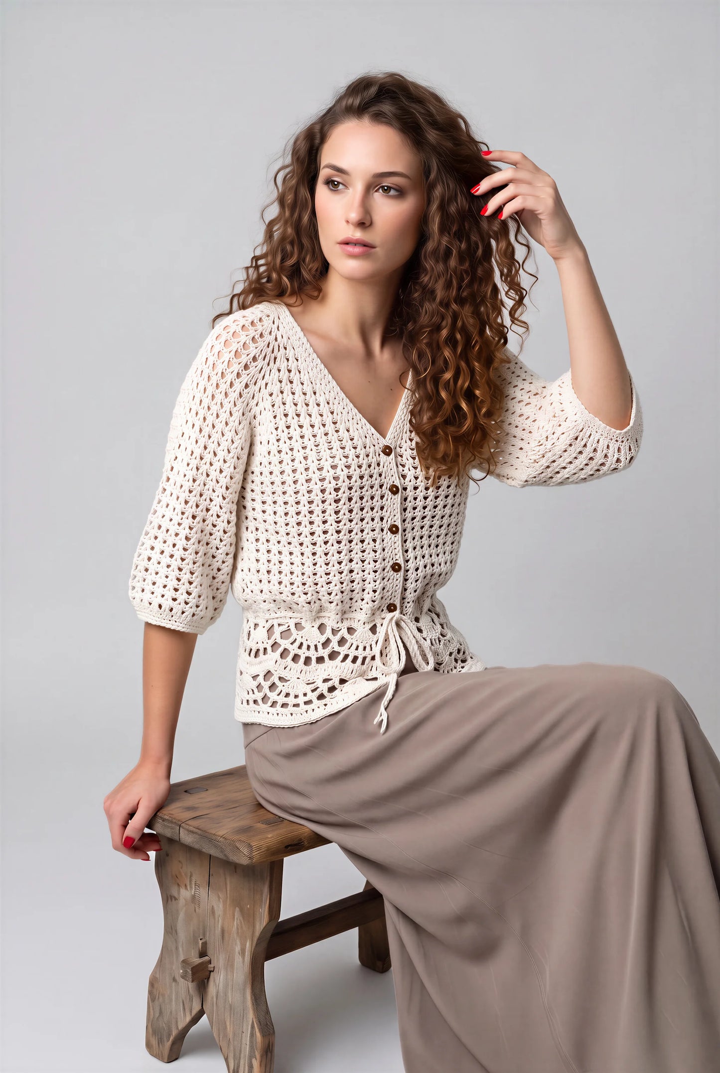 Gilet crochet Vestiso Cachalabibi — assise, bande dentelle éventails, jupe taupe - Cachalabibi