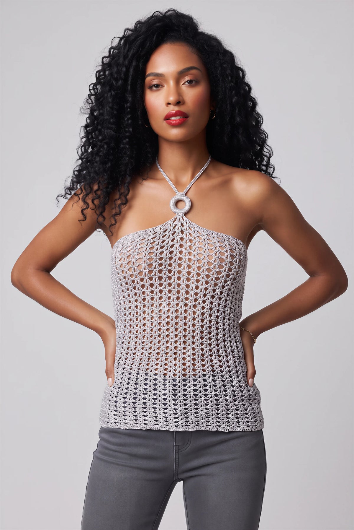 Haut Ancla crochet halter argent lurex — vue de face — Cachalabibi