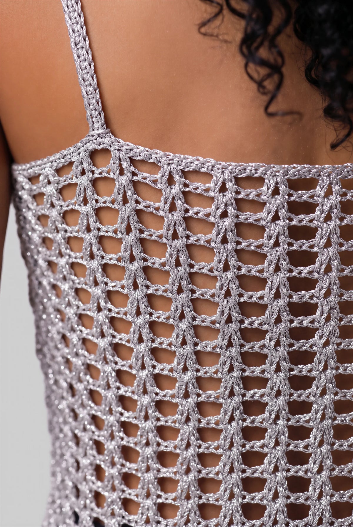Haut Ancla crochet filet argent lurex — détail mailles du dos — Cachalabibi