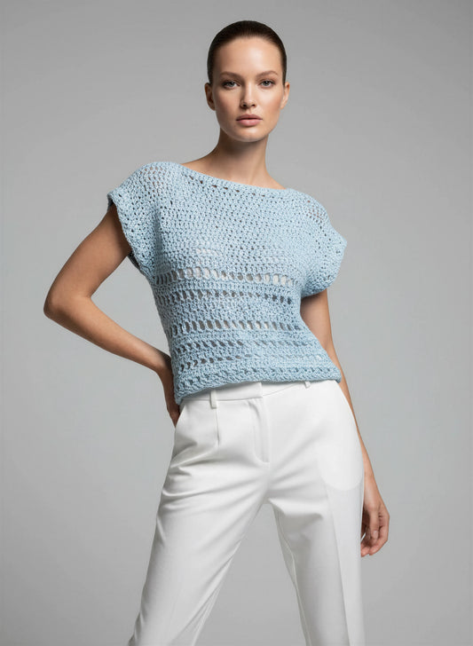  Haut crochet fait main Brunnera bleu ciel rayures points alternés encolure bateau manches courtes – Cachalabibi