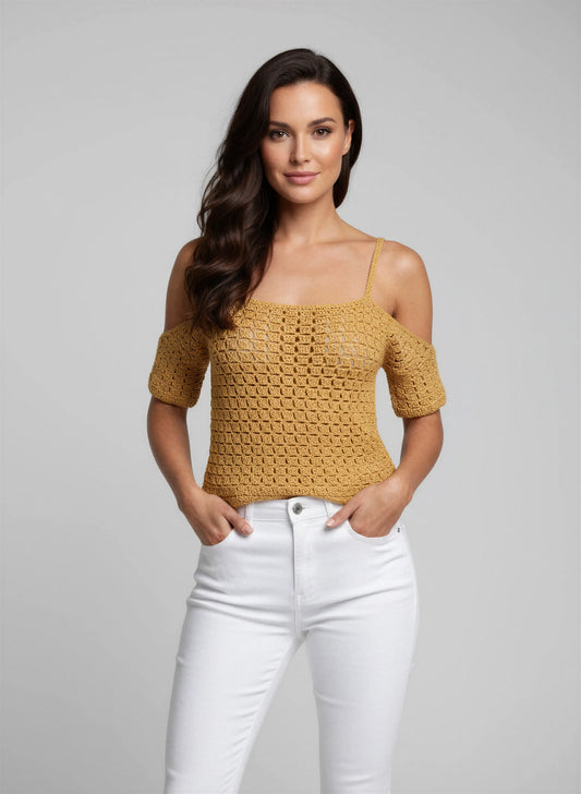 Haut crochet fait main Caramella jaune moutarde filet carré manches cold shoulder bretelles spaghetti – Cachalabibi