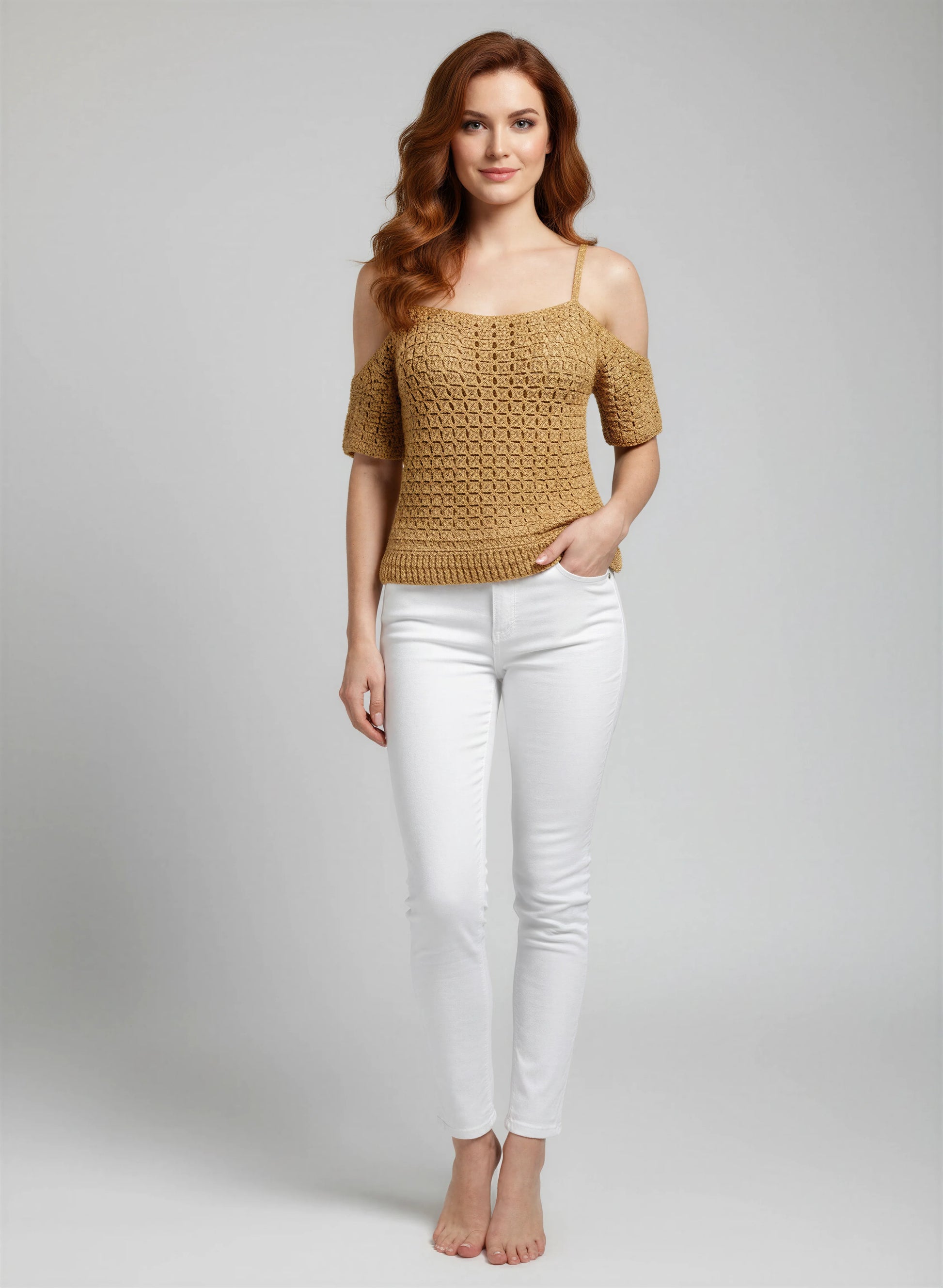 Haut crochet fait main Caramella jaune moutarde filet carré manches cold shoulder bordure côte – Cachalabibi