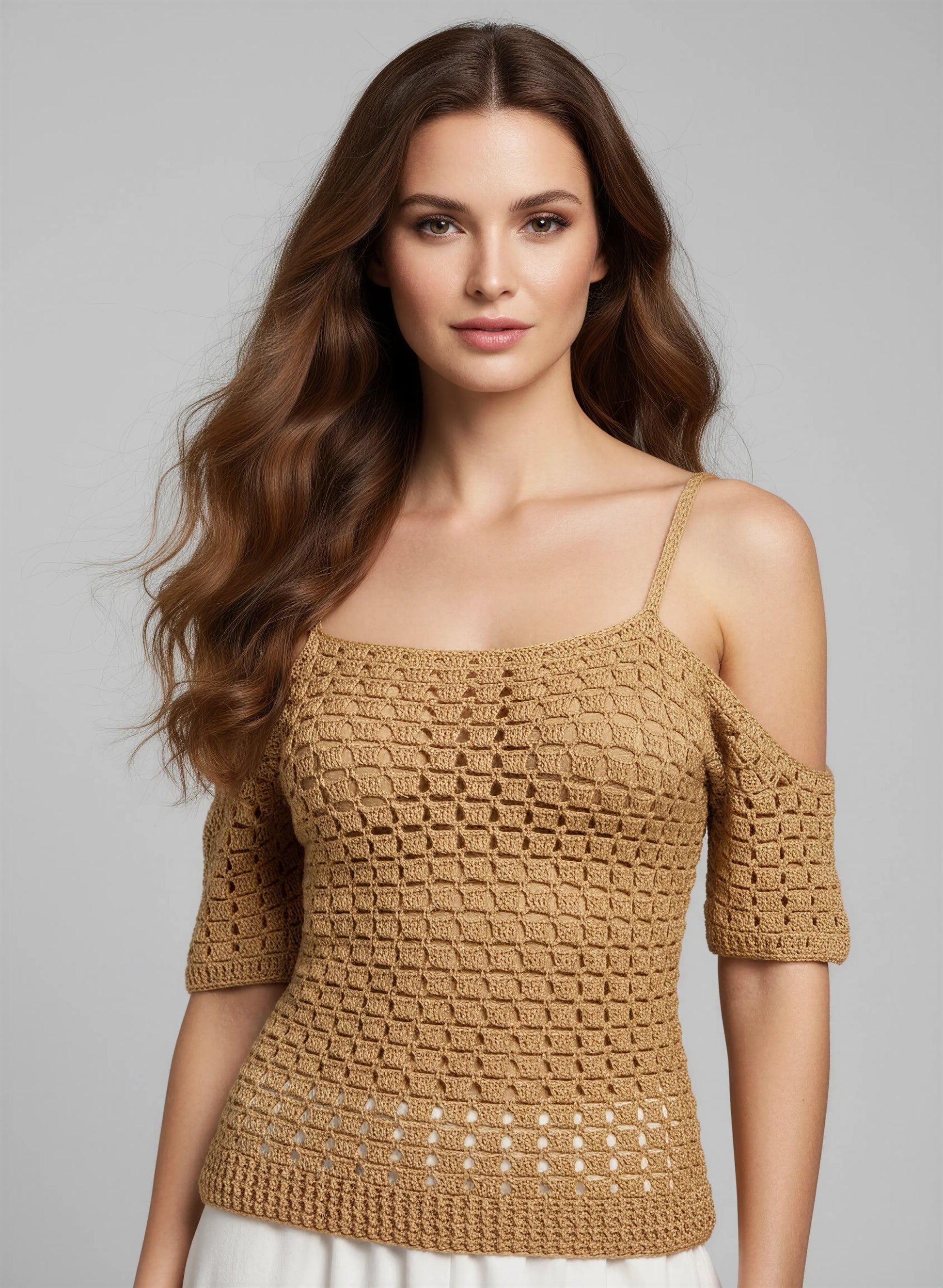 Haut crochet fait main Caramella jaune moutarde filet carré ajouré bretelles spaghetti détail – Cachalabibi