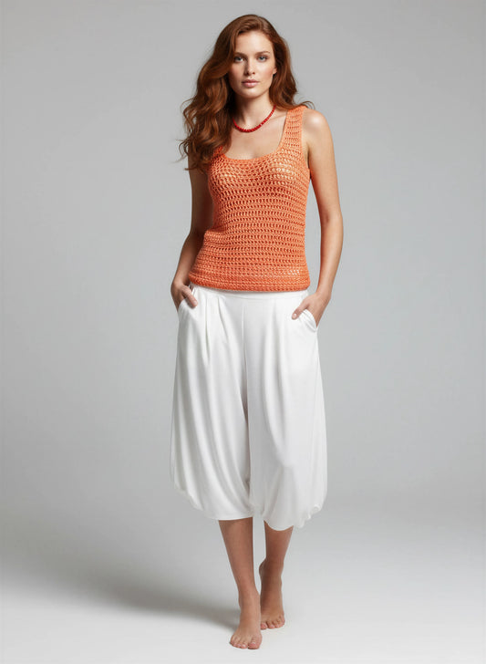 Haut crochet fait main Corallo orange corail rayures points alternés encolure ronde bretelles larges – Cachalabibi