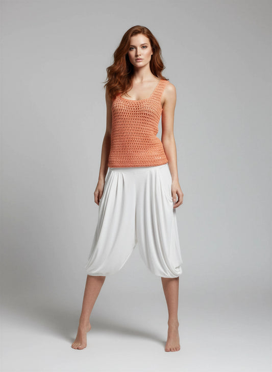 Haut crochet fait main Corallo orange corail rayures points alternés sarouel blanc crop top – Cachalabibi