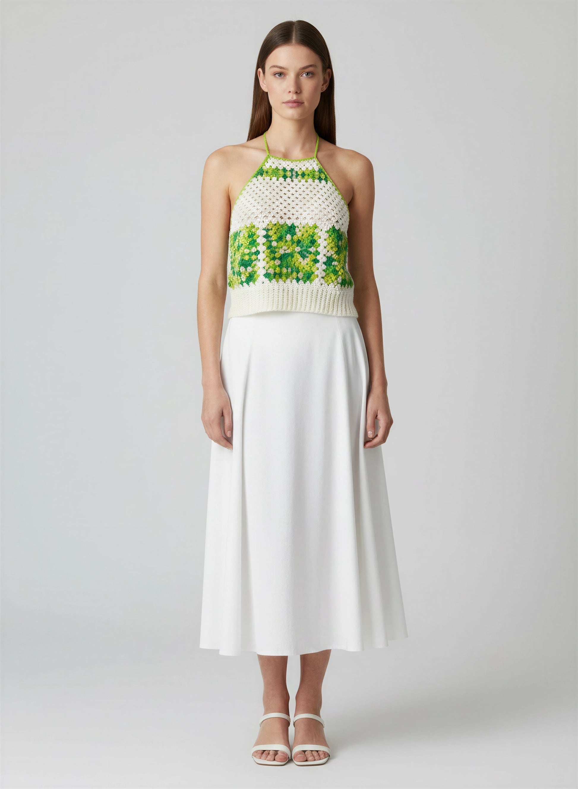 Haut crochet fait main Corossol écru carrés granny vert forêt anis lien halter jupe midi blanche – Cachalabibi