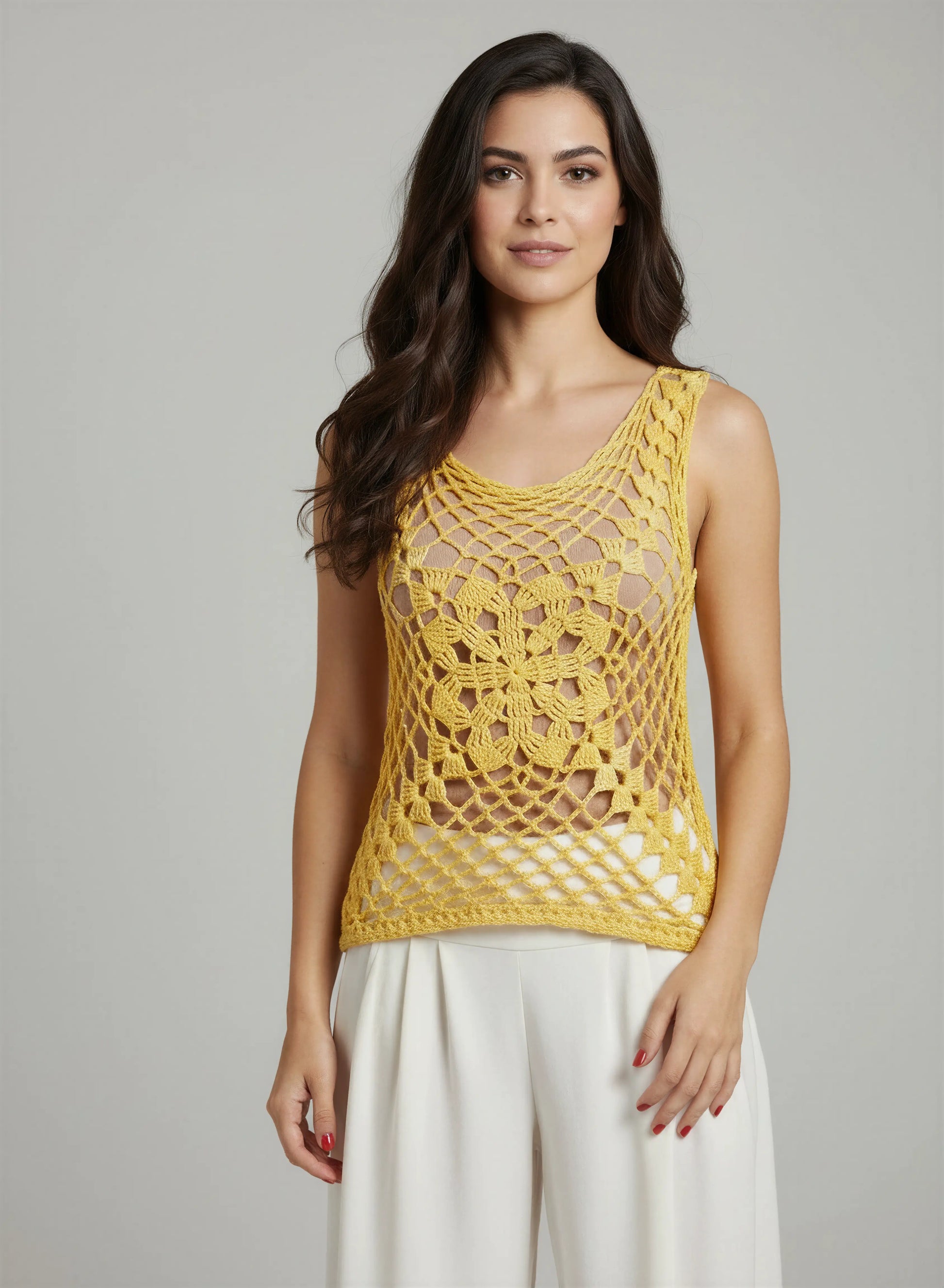 Haut crochet fait main Narcisola jaune narcisse point éventail ajouré encolure ronde bretelles larges – Cachalabibi